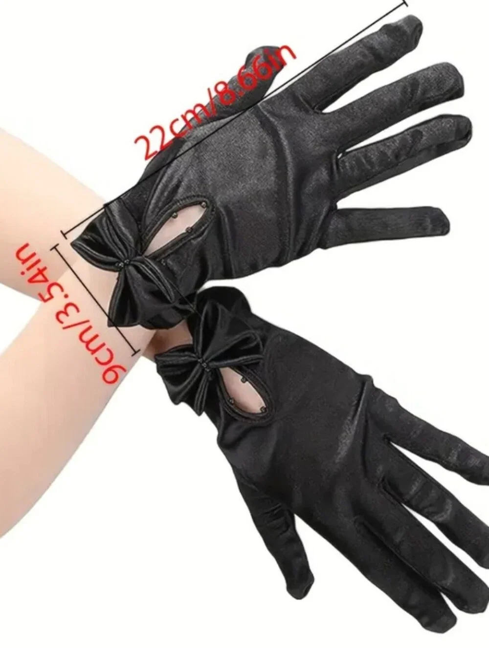 Elegant Red Satin Short Wrist Length Evening Gloves W/Bow & Faux Pearl Detail